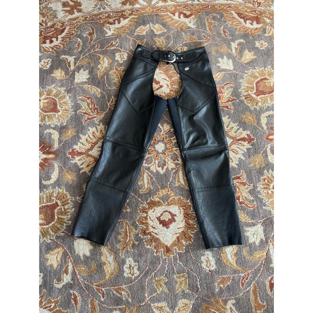 Vintage Harley Davidson Black Leather Riding Chaps Size Large Zip Sides moto